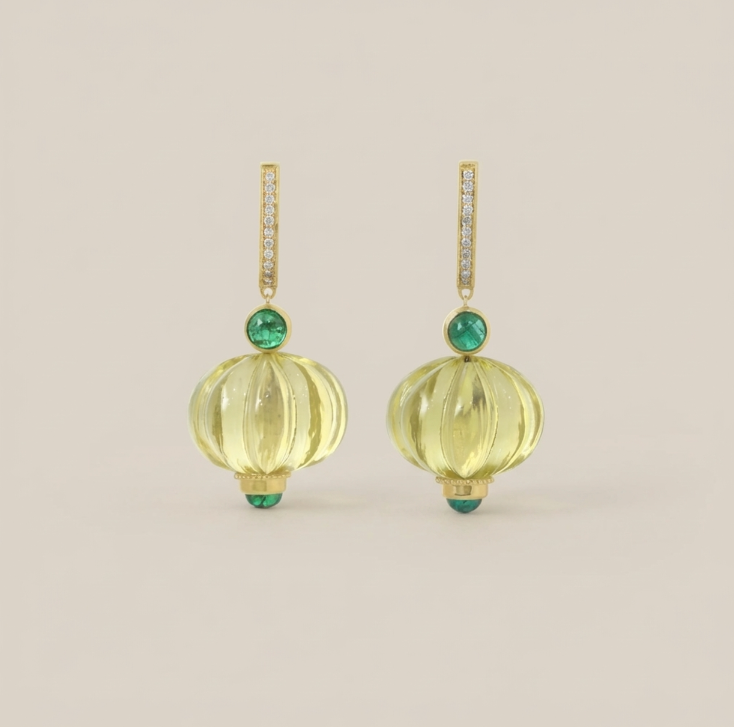 Natural Lemon Quartz & Emerald 14K Solid Gold Earrings | Handcrafted Fine Jewelry