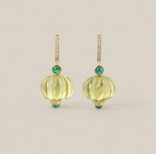 Natural Lemon Quartz & Emerald 14K Solid Gold Earrings | Handcrafted Fine Jewelry