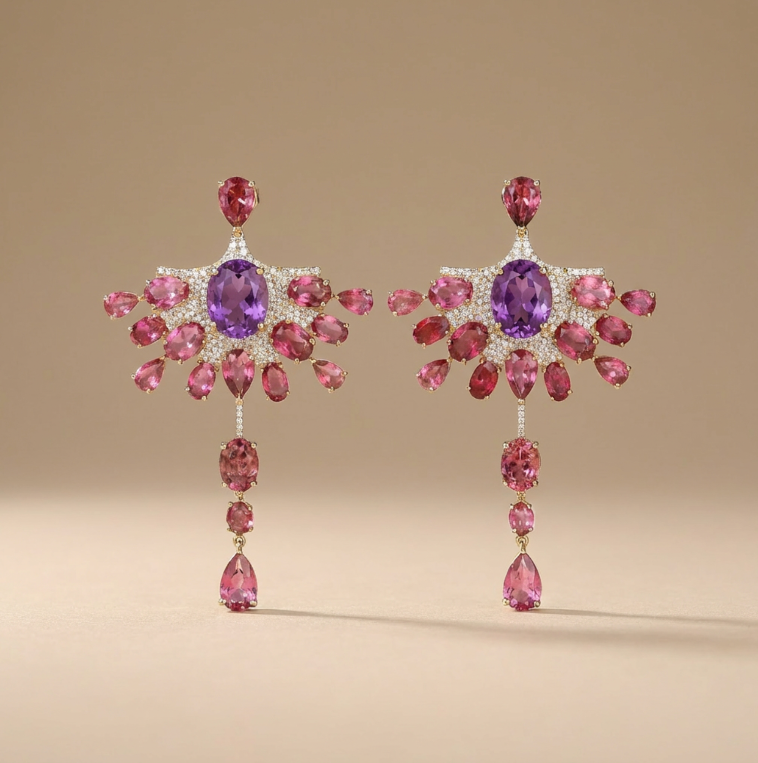 Amethyst & Pink Tourmaline Diamond Drop Earrings in 14K Gold Statement Earrings