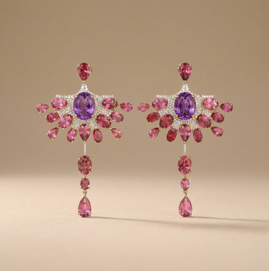 Amethyst & Pink Tourmaline Diamond Drop Earrings in 14K Gold Statement Earrings