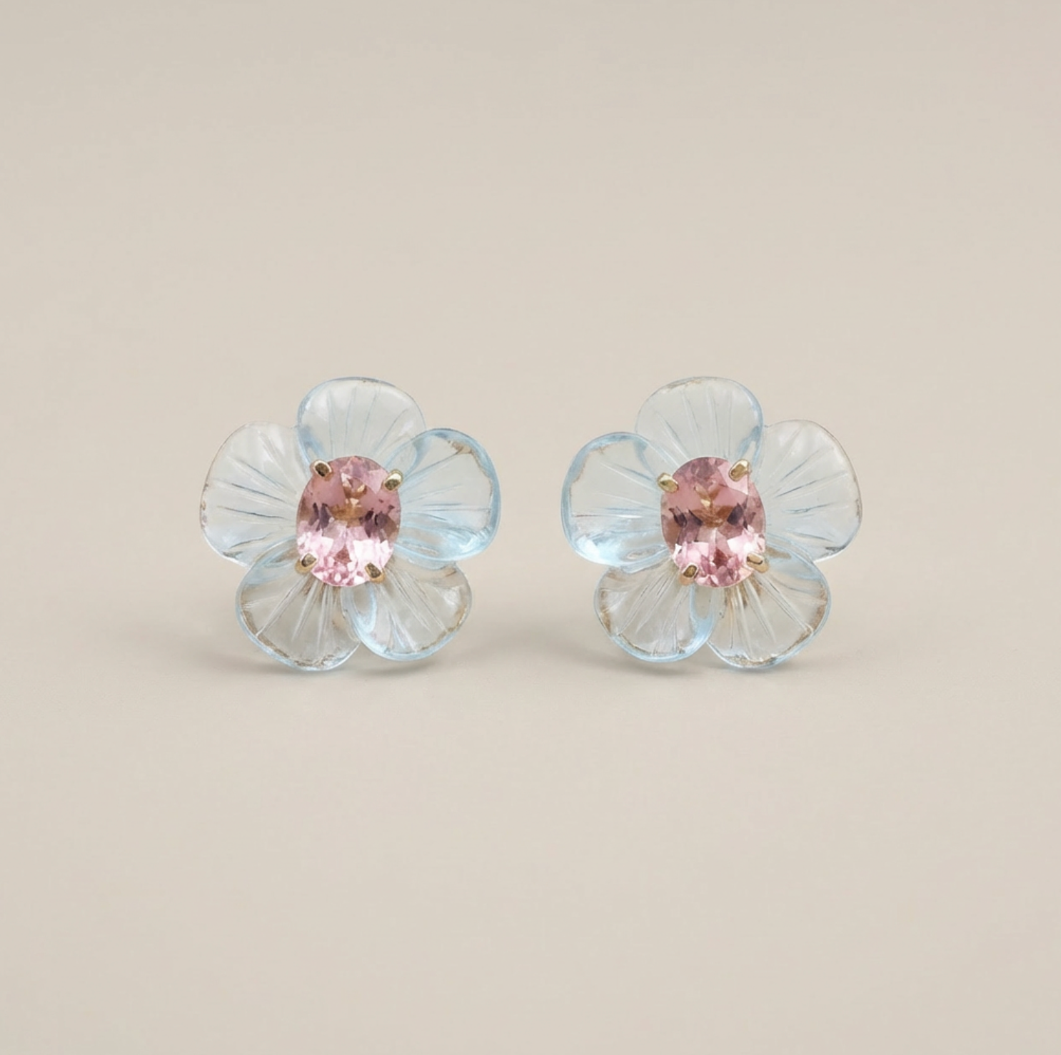 Natural Blue Topaz & Peach Tourmaline 14K Solid Gold Earrings | Handcrafted Fine Jewelry