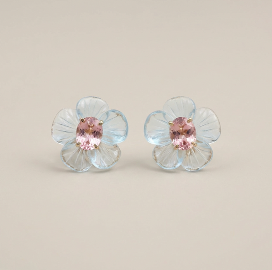 Natural Blue Topaz & Peach Tourmaline 14K Solid Gold Earrings | Handcrafted Fine Jewelry