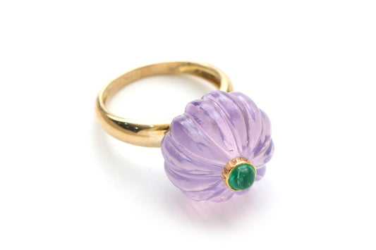 Natural Amethyst Carving and Emerald Cab 14K gold ring front view - NFJSD-1004