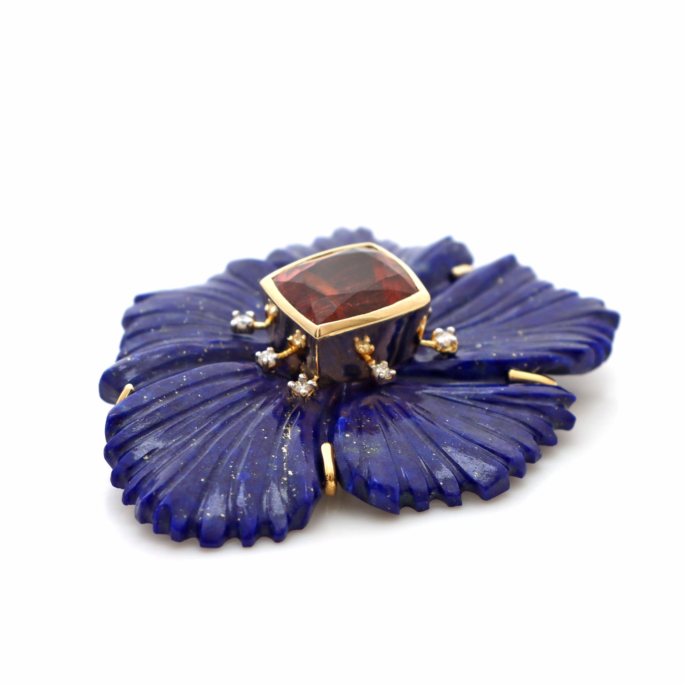 Natural Tourmaline Rectangle Cut and Lapis Carving Flower 14K gold pendant top view - NFJSD-1309