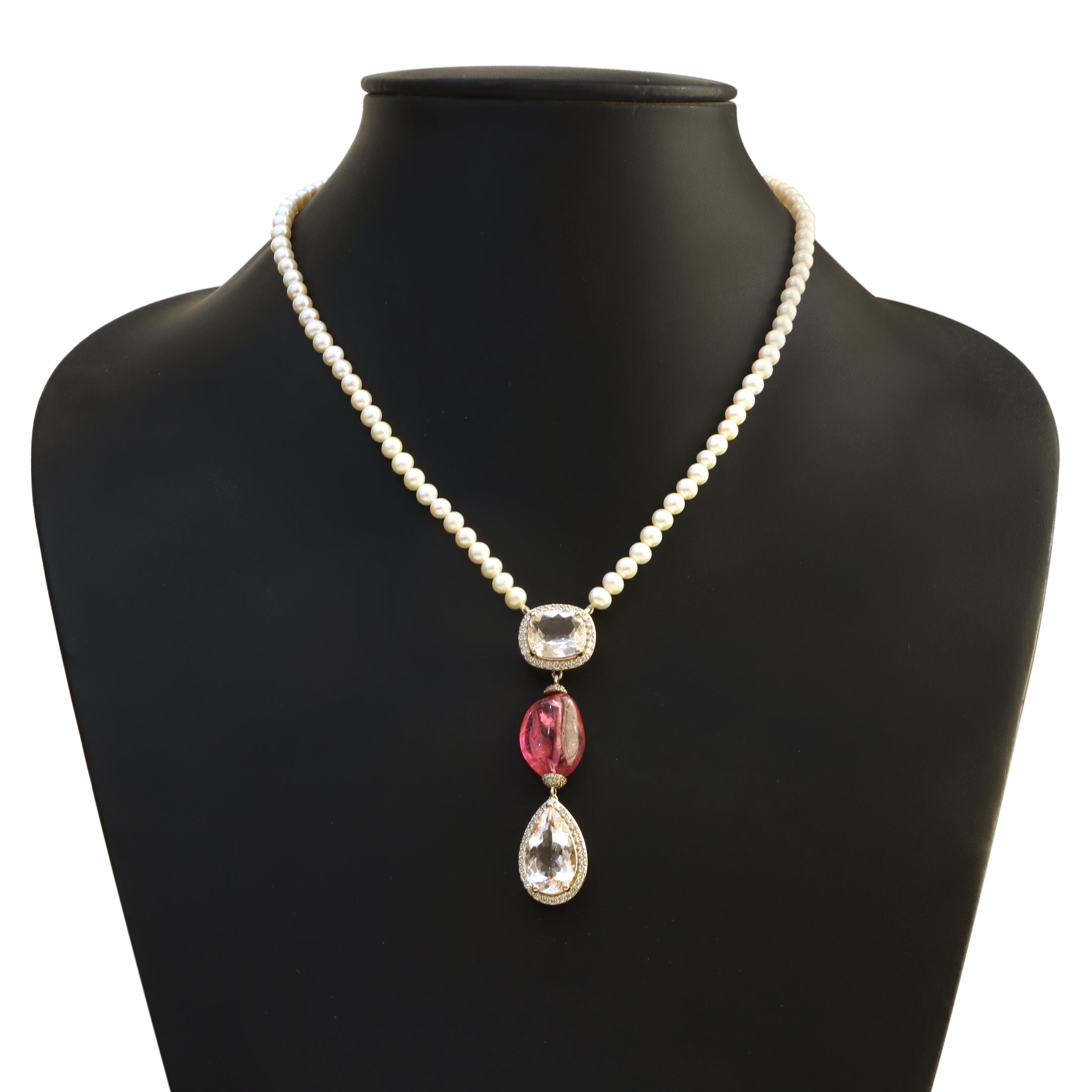 Natural White Aquamarine and Tourmaline 18K gold necklace back view - NFJSD-1935