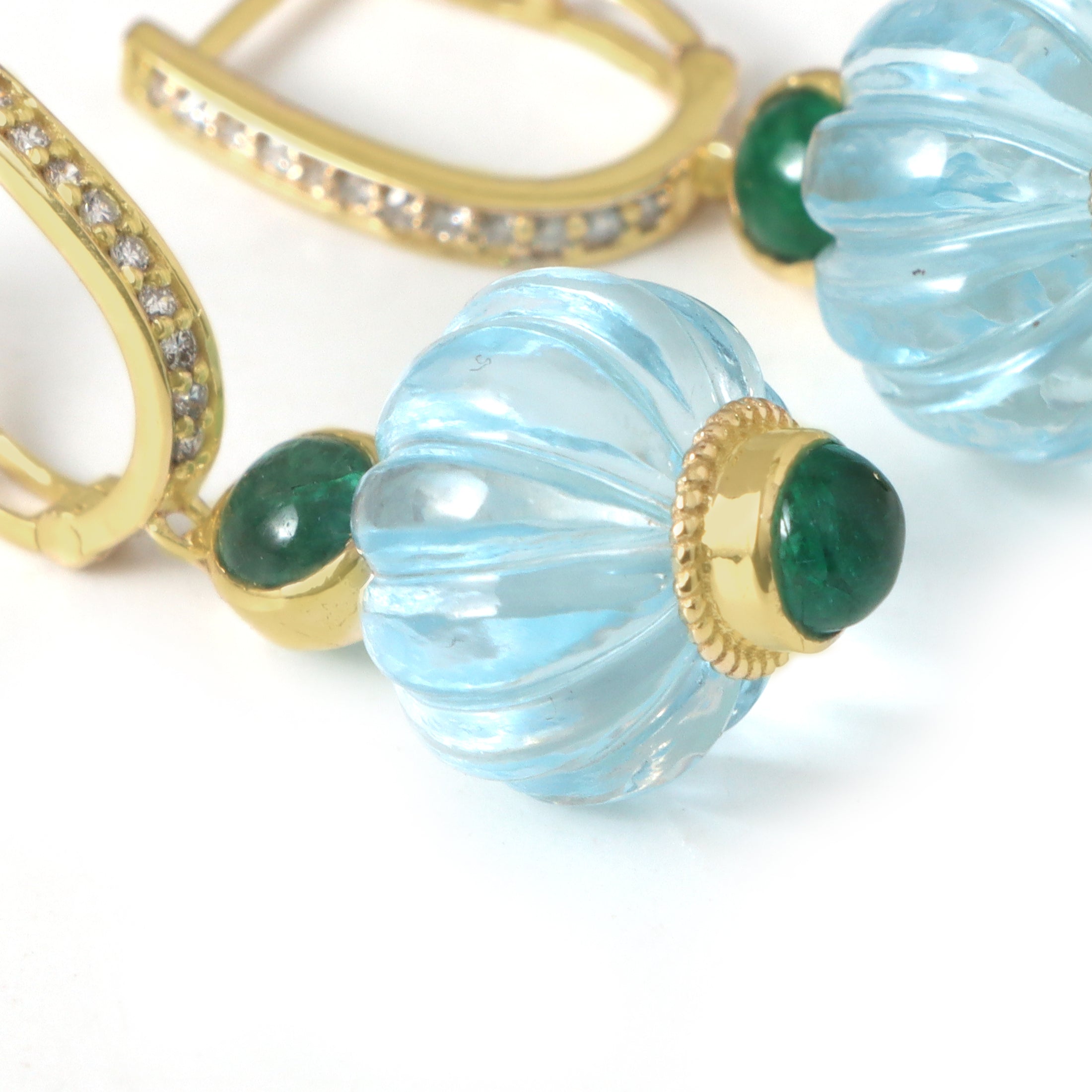 Natural Blue Topaz and Emerald 14K gold earrings side angle - NFJSD-1914