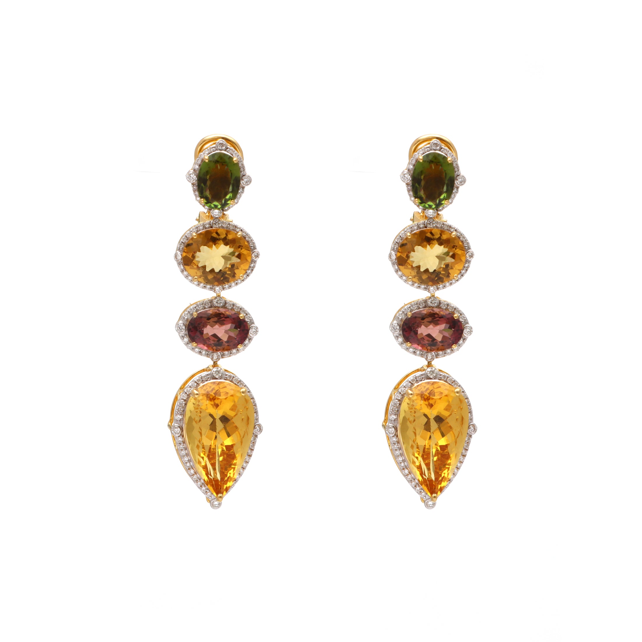 Natural Mix Tourmaline and Yellow Aqua 18K gold earrings back view - NFJSD-1615