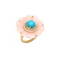 Load image into Gallery viewer, Natural Turquoise Round Cab and Pink Opal Carving Flower 14K gold ring top view - NFJSD-1214

