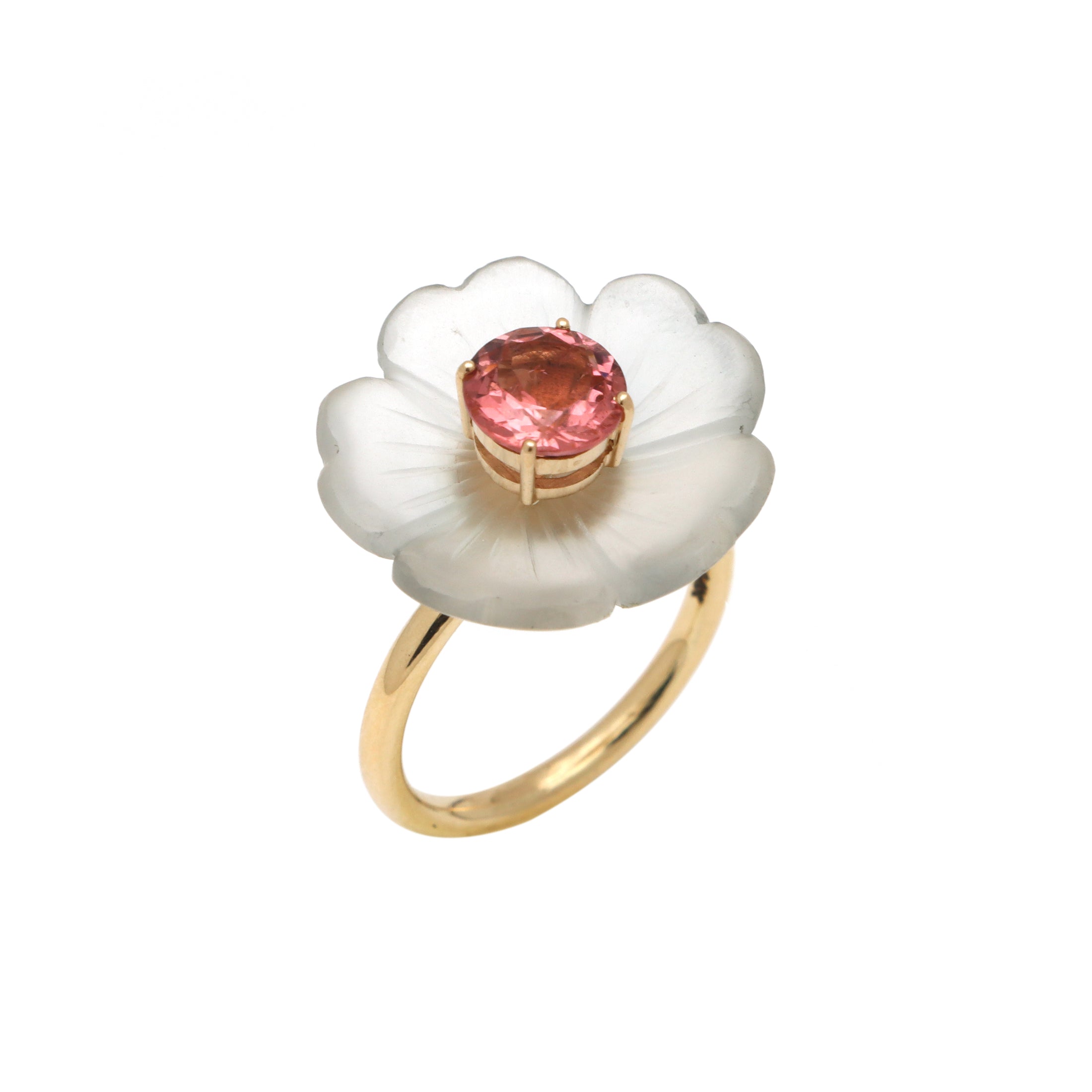Natural Crystal Carving and Pink Tourmaline 14K gold ring top view - NFJSD-1621