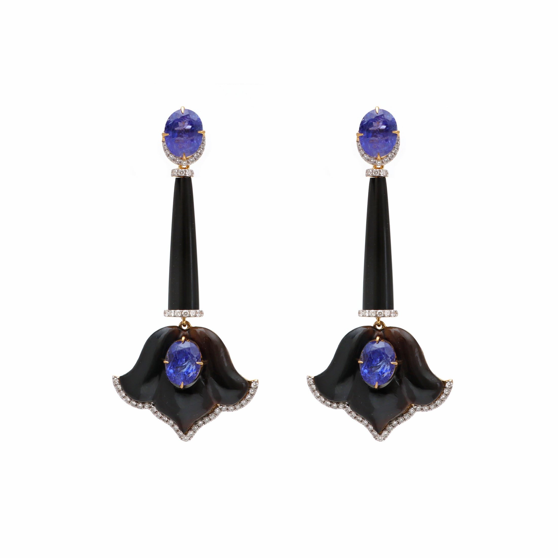 Natural Black Onyx and Tanzanite 18K gold earrings back view - NFJSD-1728