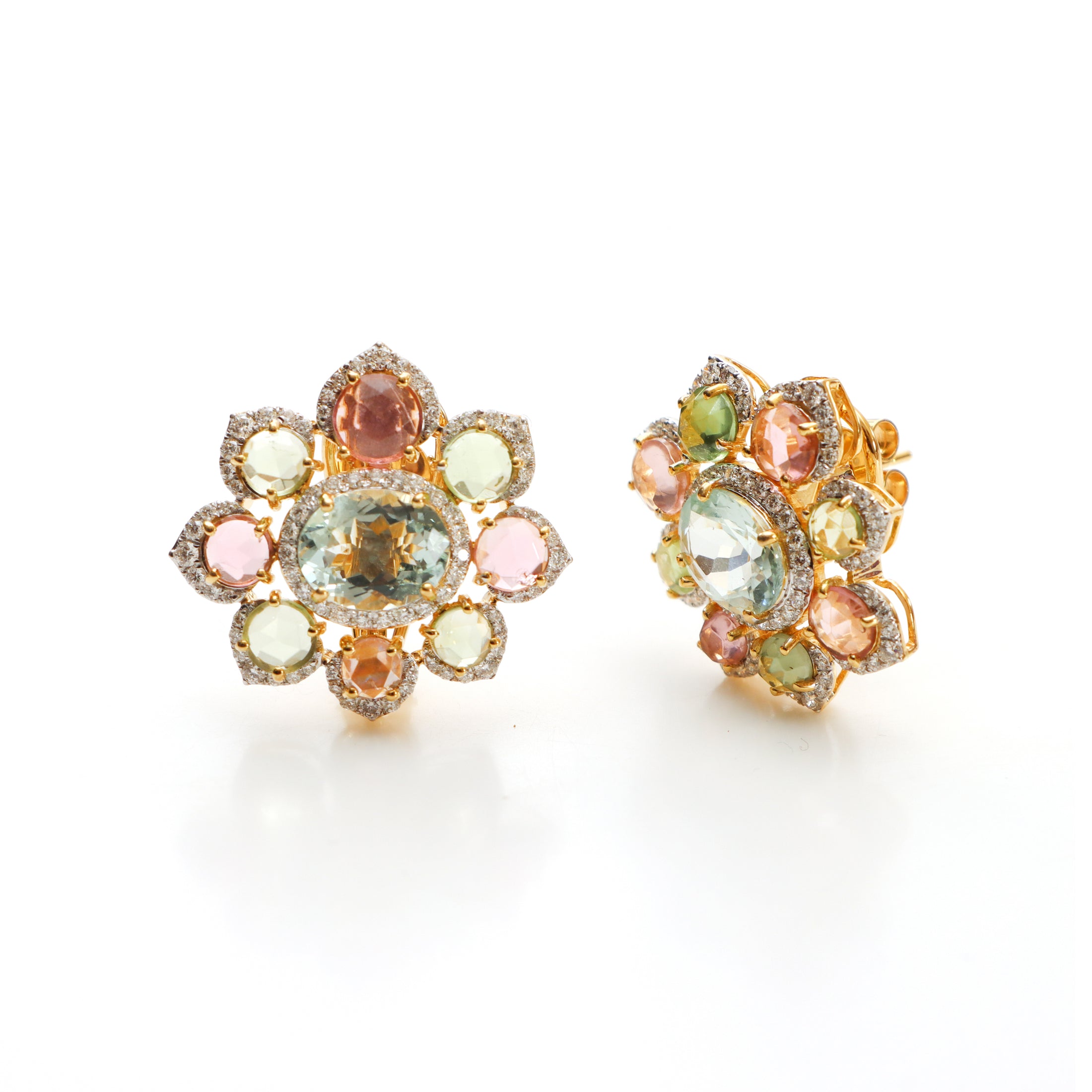 Natural Aquamarine and Tourmaline 18K gold earrings top view - NFJSD-1470