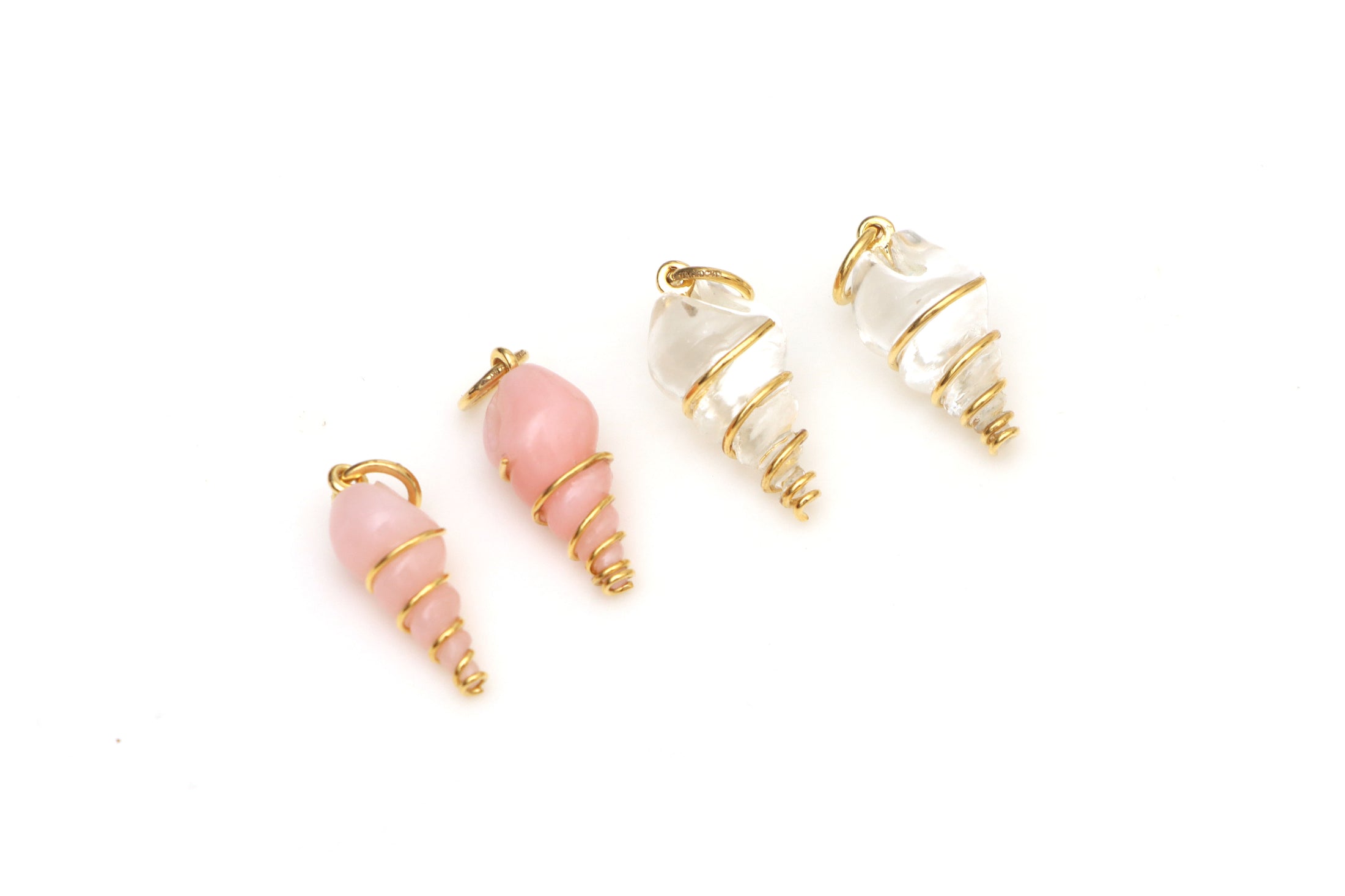 Natural Crystal Carving Shell and Pink Opal Carving Shel 18K gold charm front view - NFJSD-1386