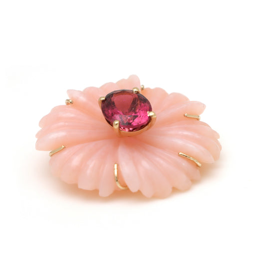 Natural Pink Opal and Tourmaline 14K gold pendant side angle - NFJSD-1747