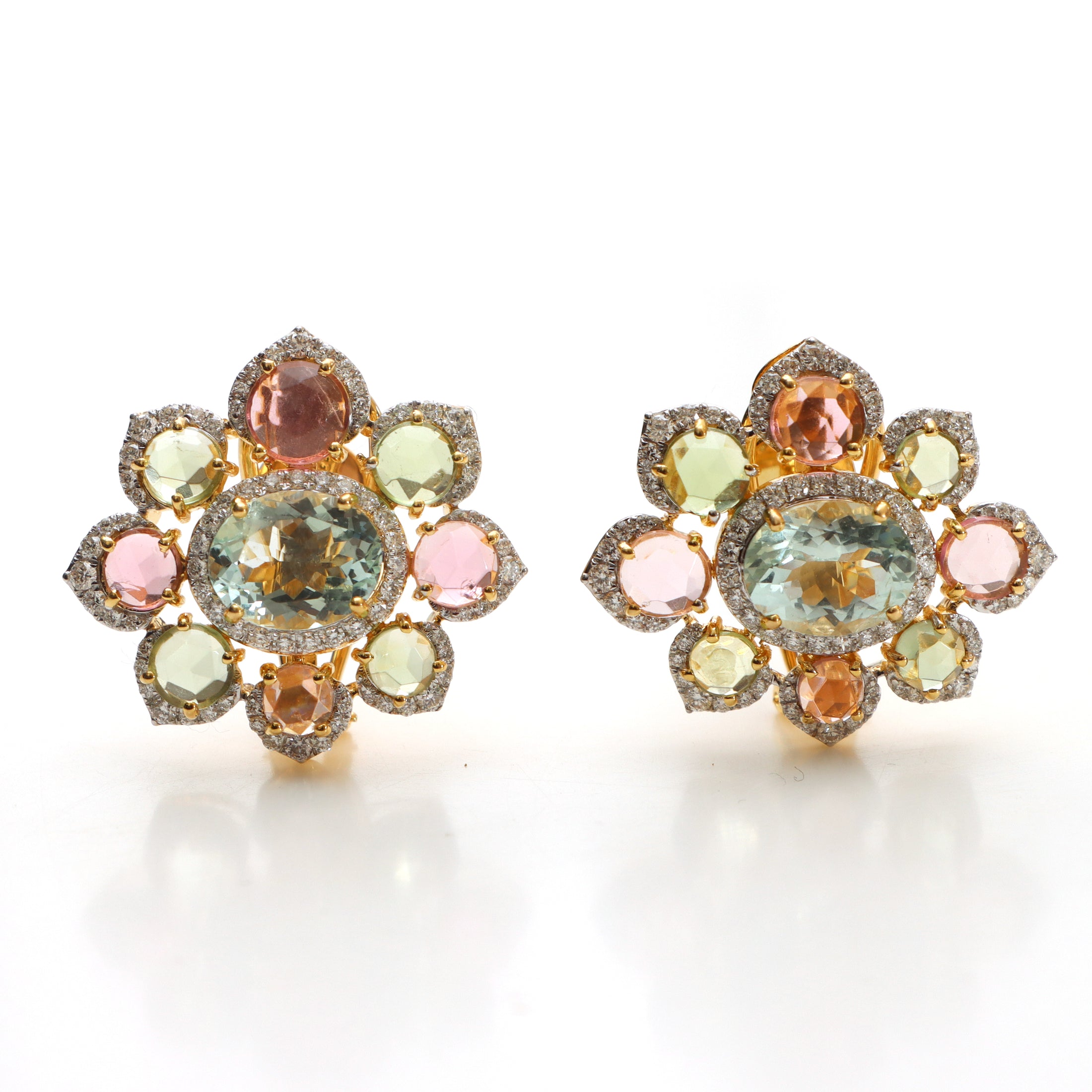 Natural Aquamarine and Tourmaline 18K gold earrings front view - NFJSD-1470