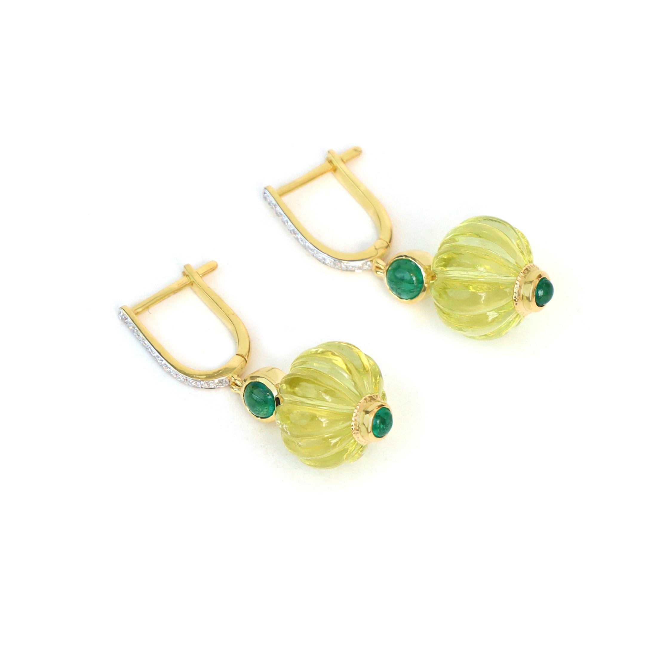 Natural Lemon Quartz and Emerald 18K gold earrings side angle - NFJSD-1789