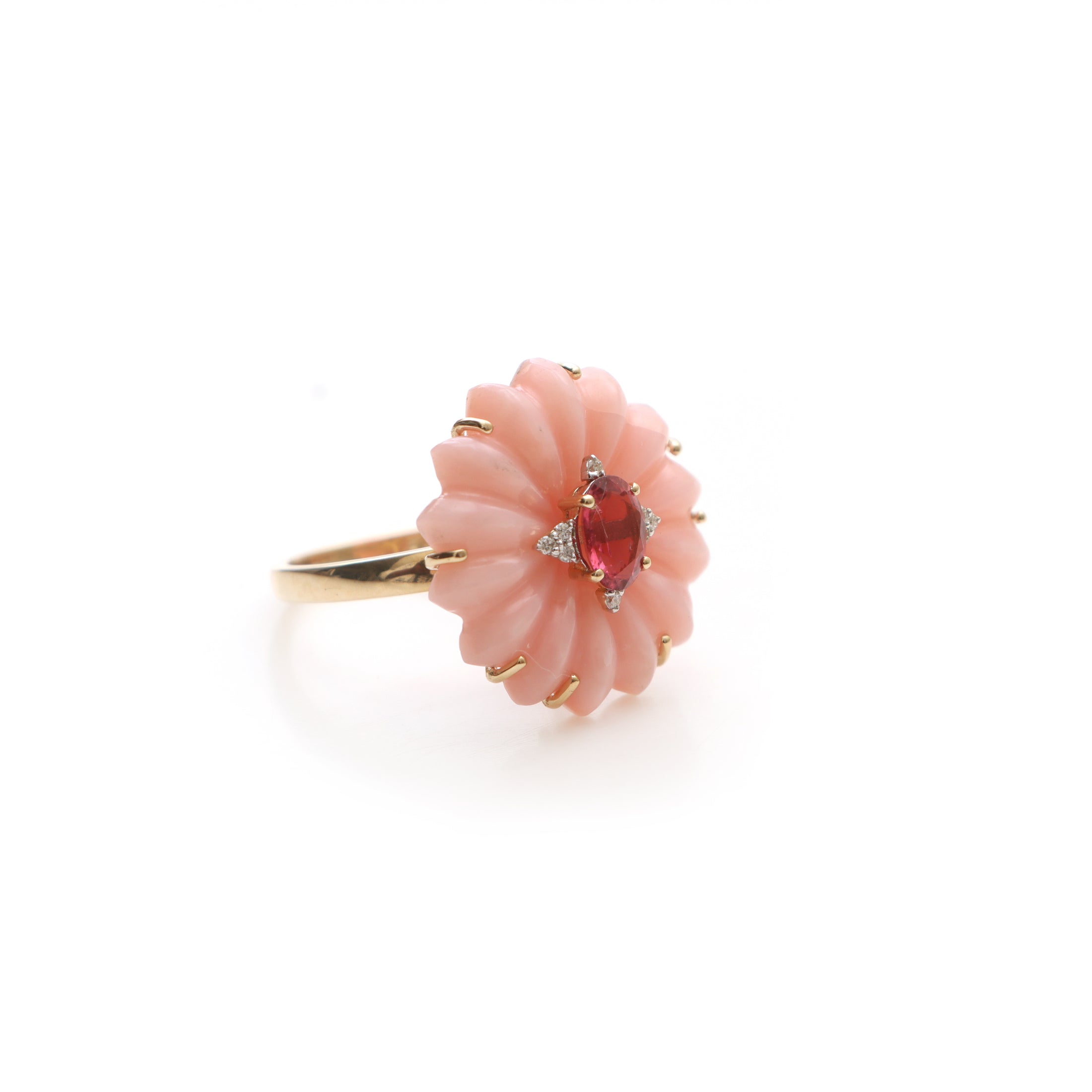 Natural Tourmaline Oval Cut and Pink Opal Carving Flower 14K gold ring close-up detail - NFJSD-1301