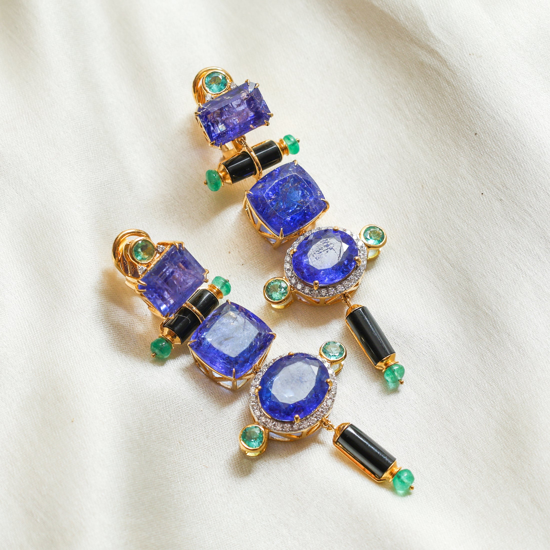 Natural Black Onyx and Emerald 18K gold earrings side angle - NFJSD-1656