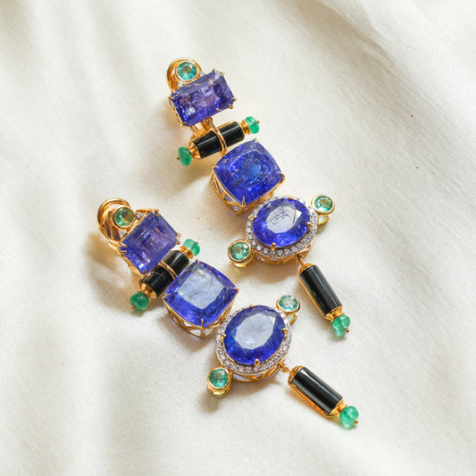 Natural Black Onyx and Emerald 18K gold earrings side angle - NFJSD-1656