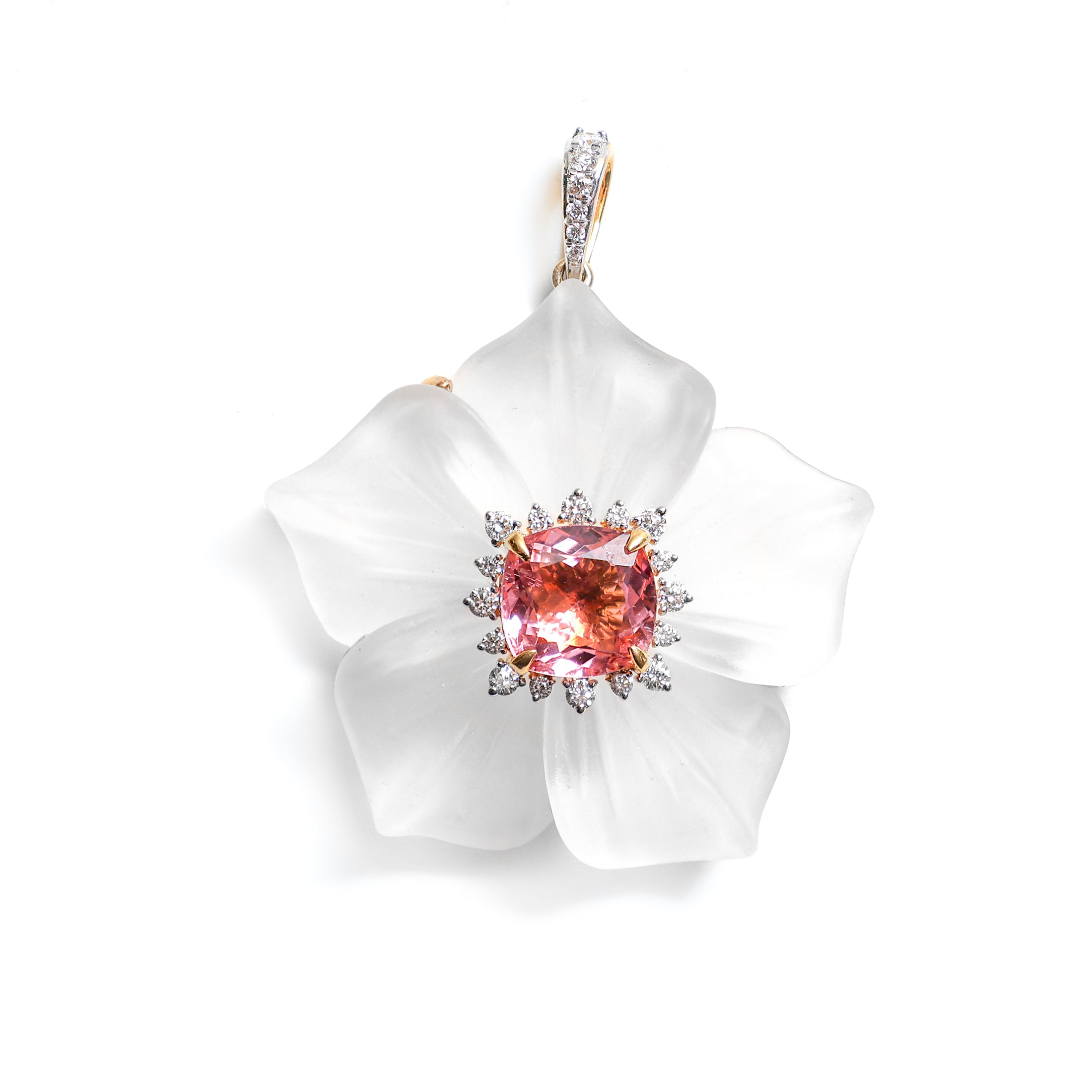 Natural Crystal Carving and Tourmaline Mix 18K gold pendant close-up detail - NFJSD-1662