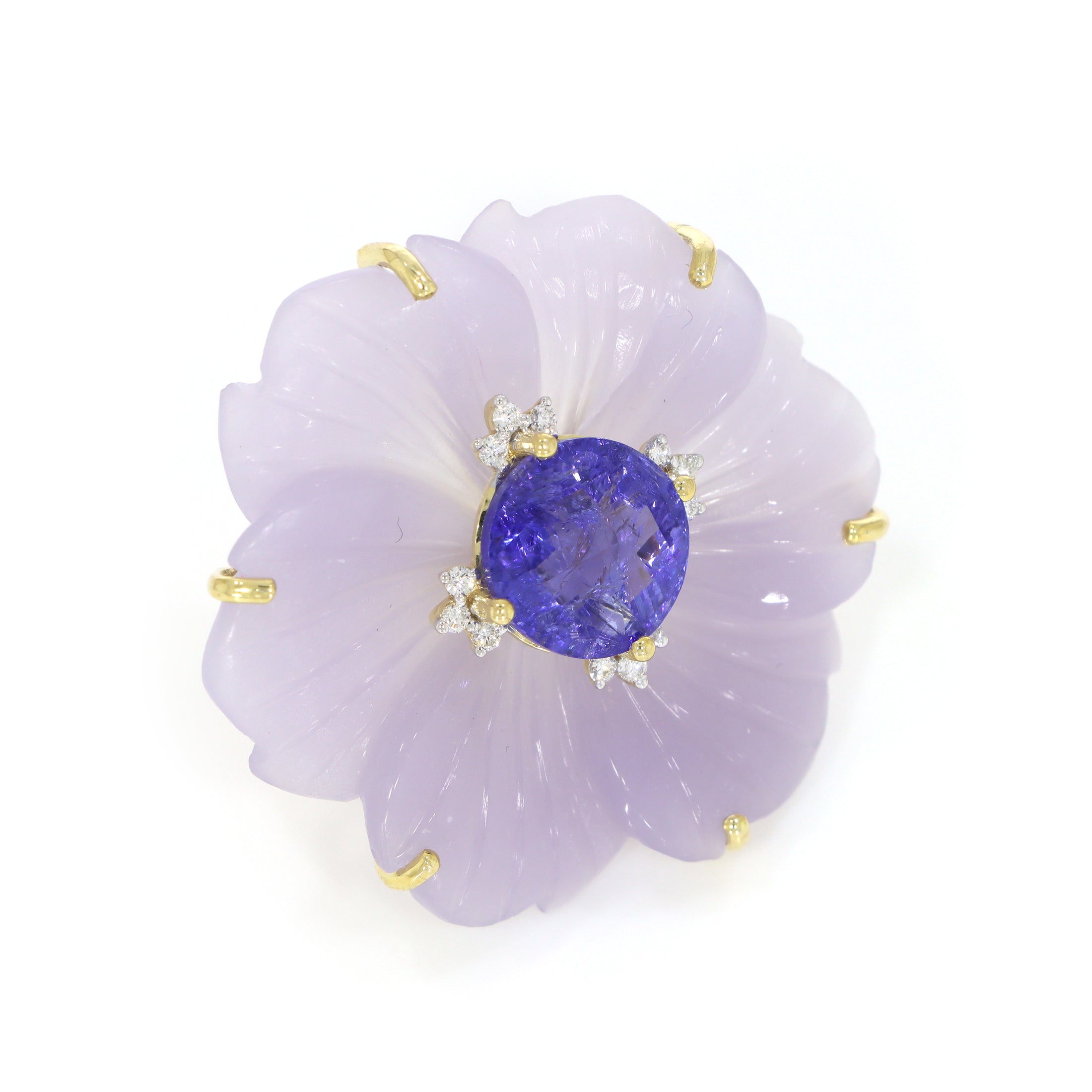 Natural Tanzanite Round Cab and Yttrium Fluorite Carving Flower 14K gold ring side angle - NFJSD-1262