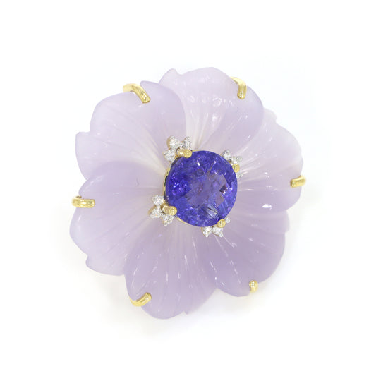 Natural Tanzanite Round Cab and Yttrium Fluorite Carving Flower 14K gold ring side angle - NFJSD-1262