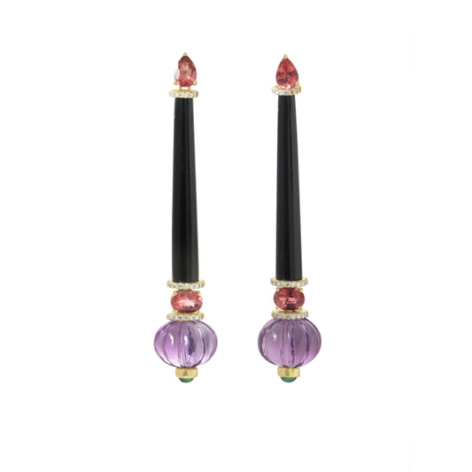 Natural Black Onyx and Amethyst 14K gold earrings front view - NFJSD-1911