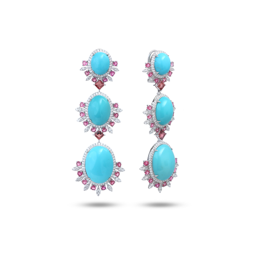 Natural Turquoise and Tourmaline 18K gold earrings side angle - NFJSD-1845