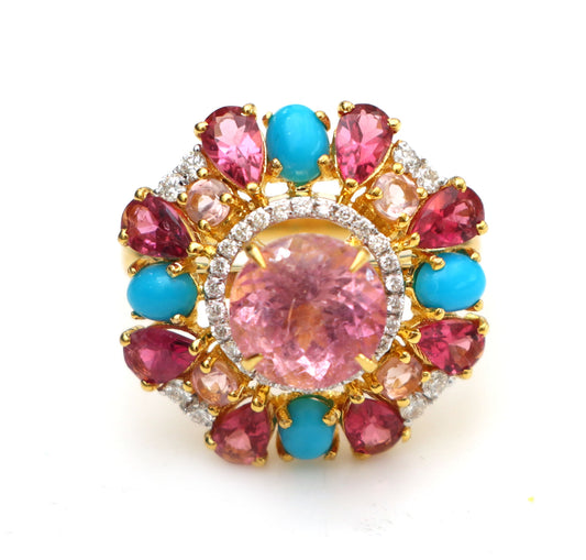 Natural Rubylite and Tourmaline 18K gold ring front view - NFJSD-1612