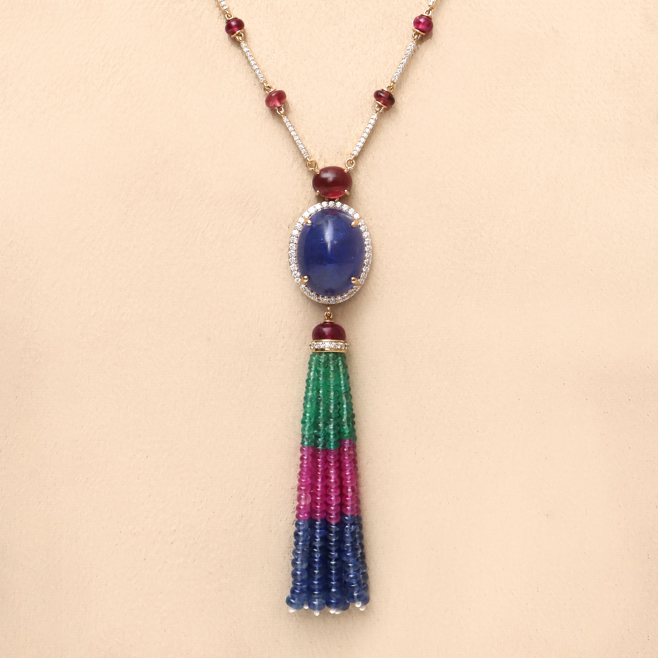 Natural Tourmaline and Tanzanite 18K gold necklace side angle - NFJSD-1937