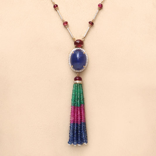 Natural Tourmaline and Tanzanite 18K gold necklace side angle - NFJSD-1937