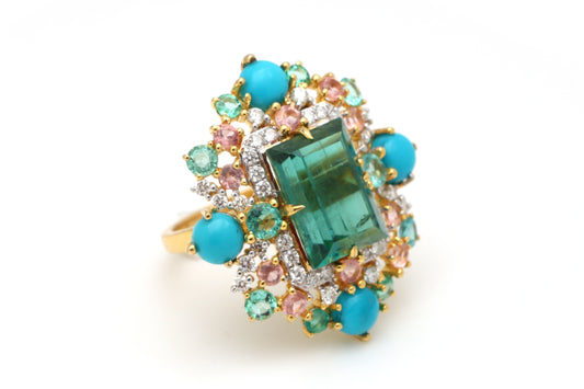 Natural Emerald and Mix Tourmaline 18K gold ring front view - NFJSD-1627