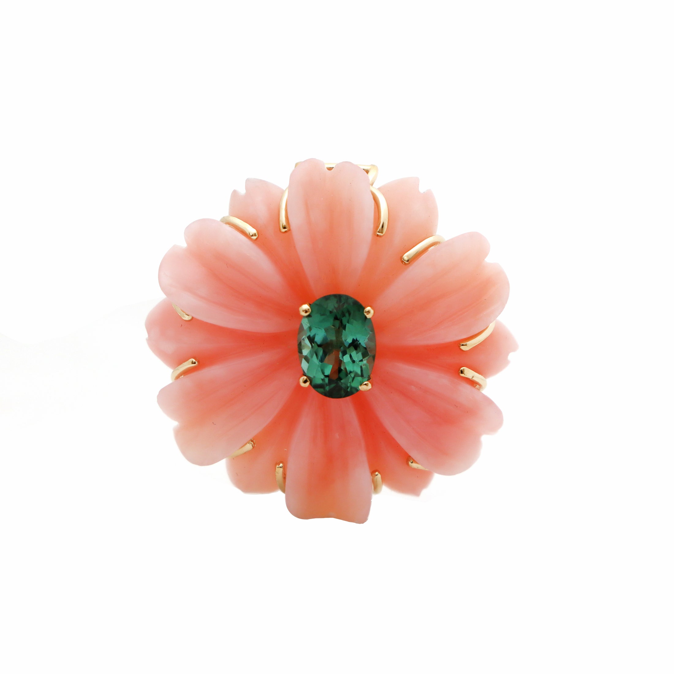 Natural Pink Opal and Tourmaline 14K gold pendant front view - NFJSD-1587