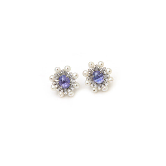 Natural Tanzanite and Pearl 14K gold earrings front view - NFJSD-2003