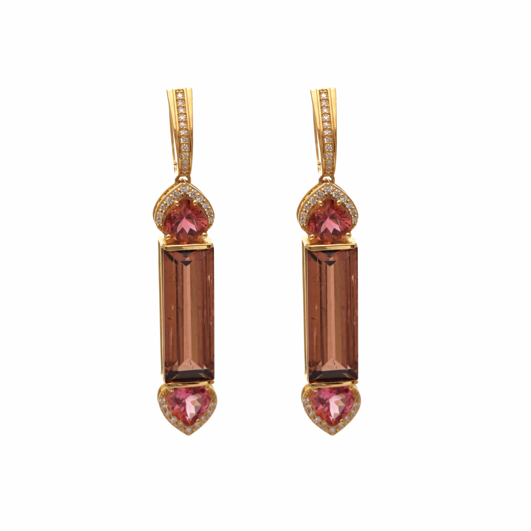 Natural Pink Tourmaline and Tourmaline 18K gold earrings top view - NFJSD-1571