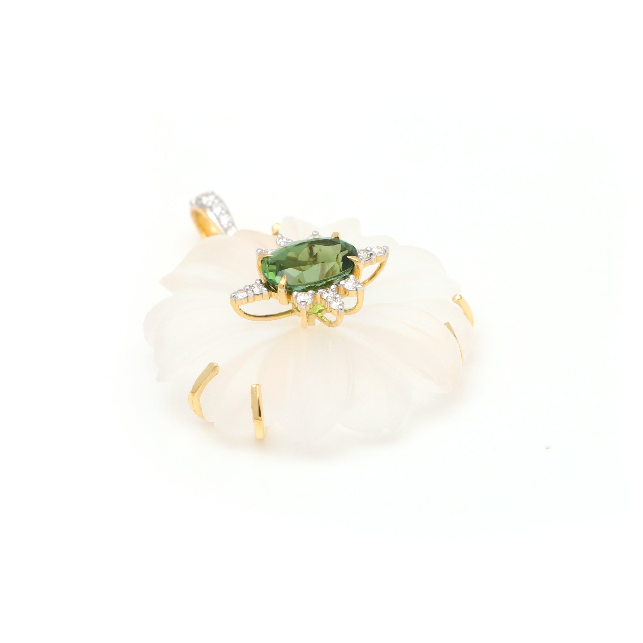 Natural Crystal Carving and Tourmaline 18K gold pendant close-up detail - NFJSD-1709
