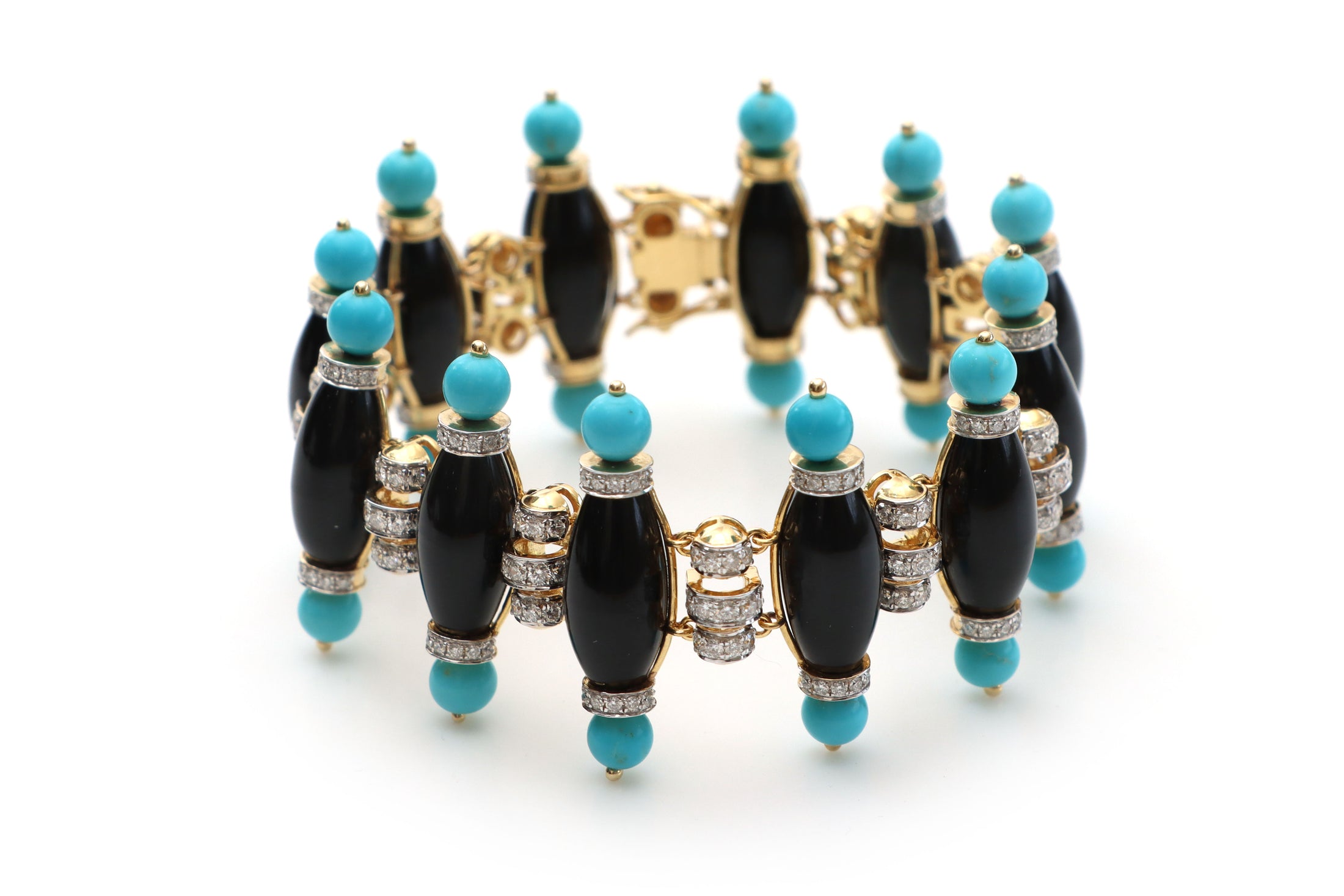 Natural Black Onyx Smooth Tube and Turquoise Smooth Balls 14K gold bracelet front view - NFJSD-1185