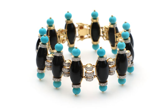 Natural Black Onyx Smooth Tube and Turquoise Smooth Balls 14K gold bracelet front view - NFJSD-1185