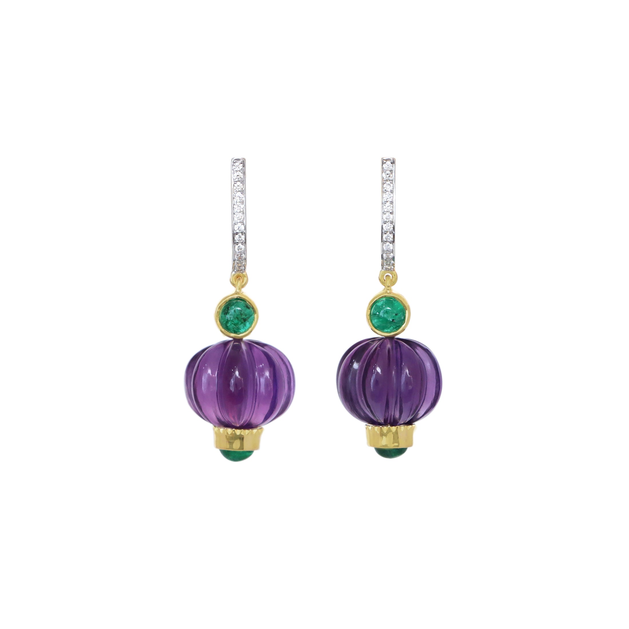 Natural Amethyst and Emerald 14K gold earrings on-hand view - NFJSD-1830