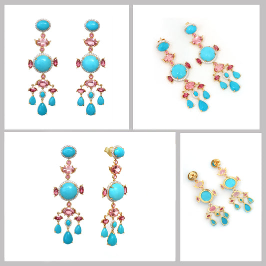 Natural Turquoise and Tourmaline 18K gold earrings top view - NFJSD-1806