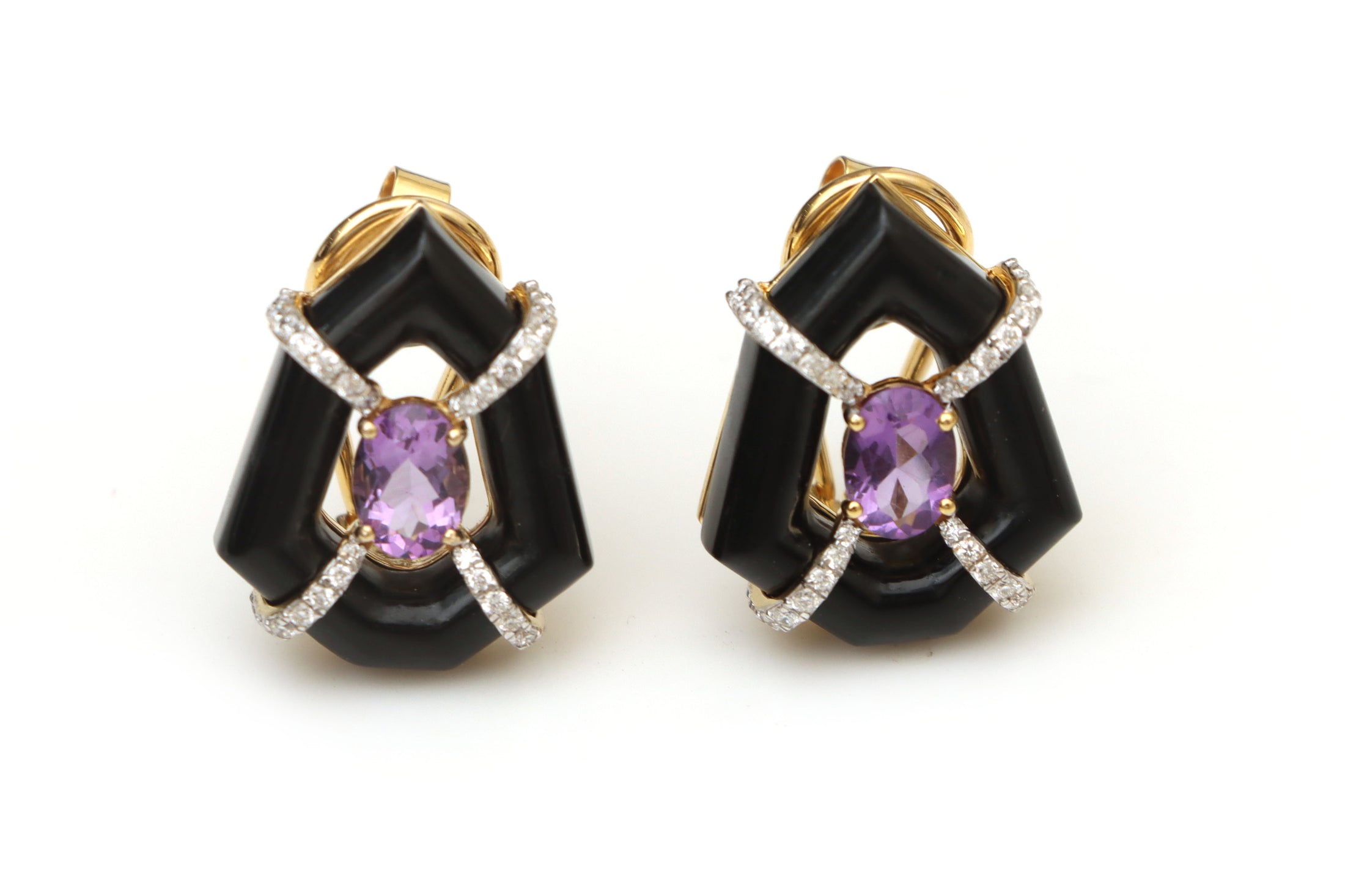 Natural Black Onyx Frame and Amethyst Oval Cut 14K gold earrings front view - NFJSD-1393