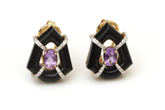 Natural Black Onyx Frame and Amethyst Oval Cut 14K gold earrings front view - NFJSD-1393
