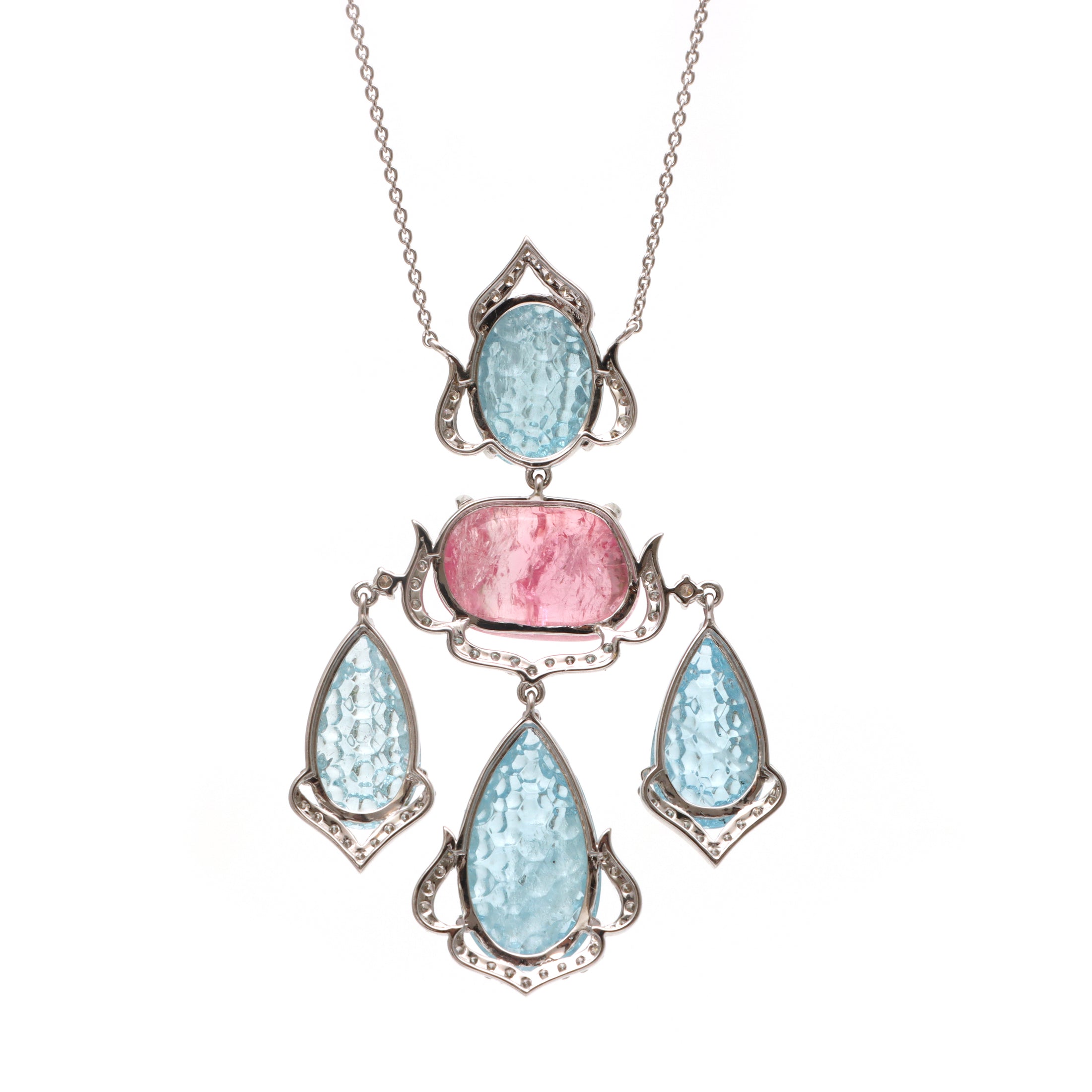 Natural Aqua and Tourmaline 18K gold necklace on-hand view - NFJSD-1679
