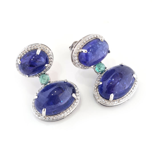 Natural Tanzanite and Emerald 18K gold earrings front view - NFJSD-1629