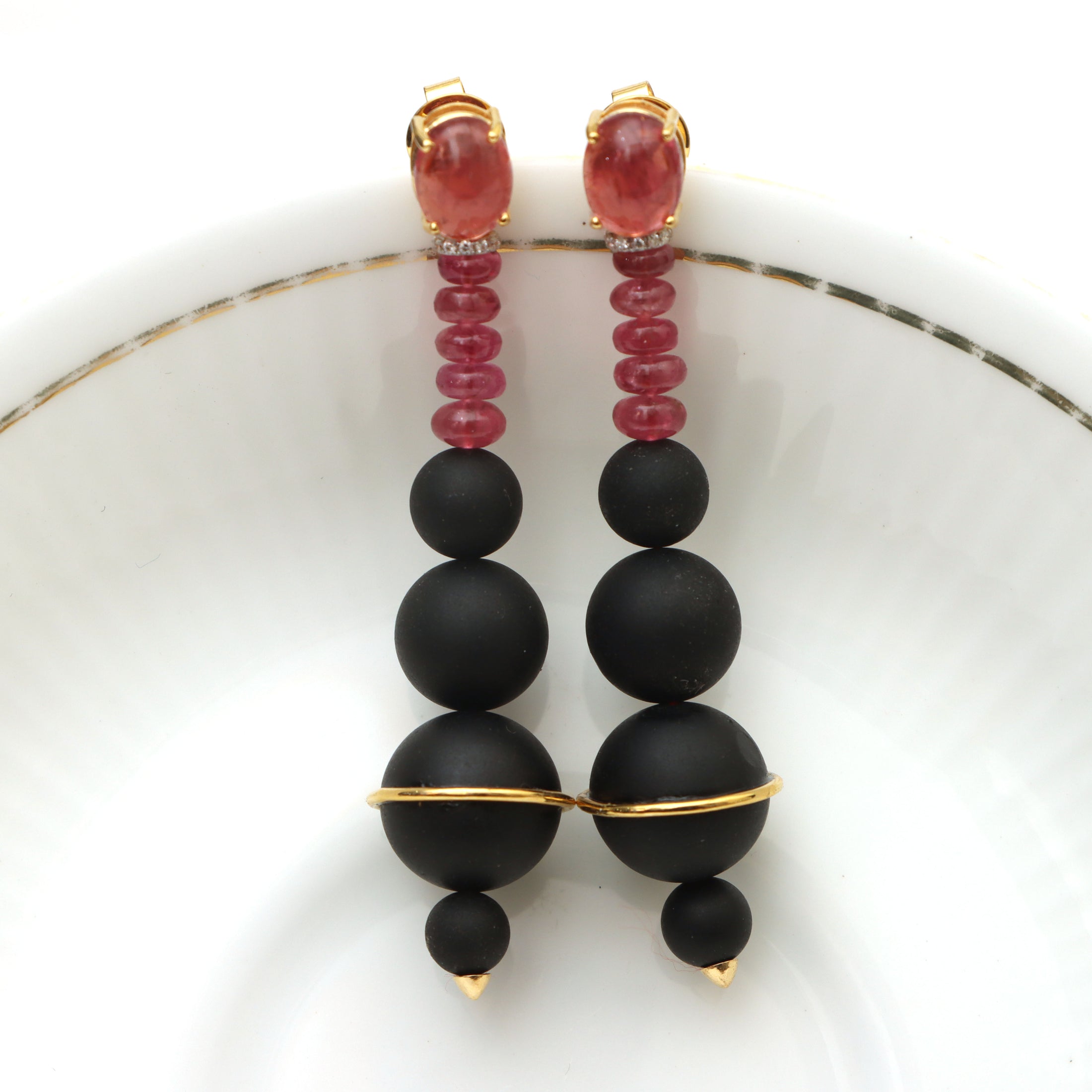 Natural Black Onyx Smooth balls and Pink Tourmaline Oval 18K gold earrings front view - NFJSD-1398
