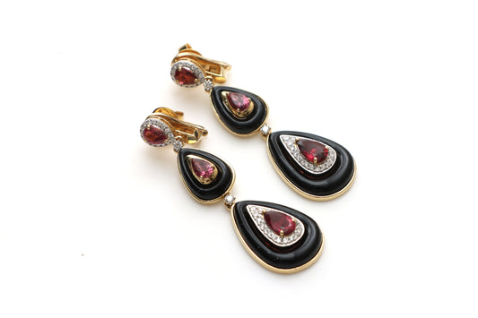 Natural Pink Tourmaline Pear Cut and Black Onyx Frames 14K gold earrings front view - NFJSD-1168