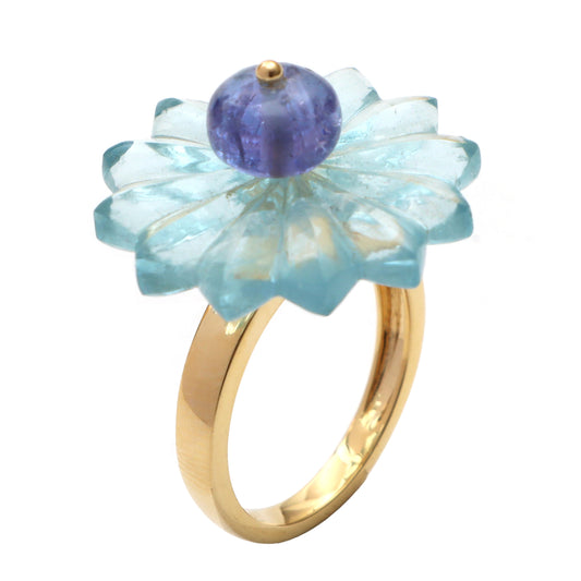 Natural Tanzanite  Smooth Beads and Aquamarine Carving Flower 14K gold ring front view - NFJSD-1066