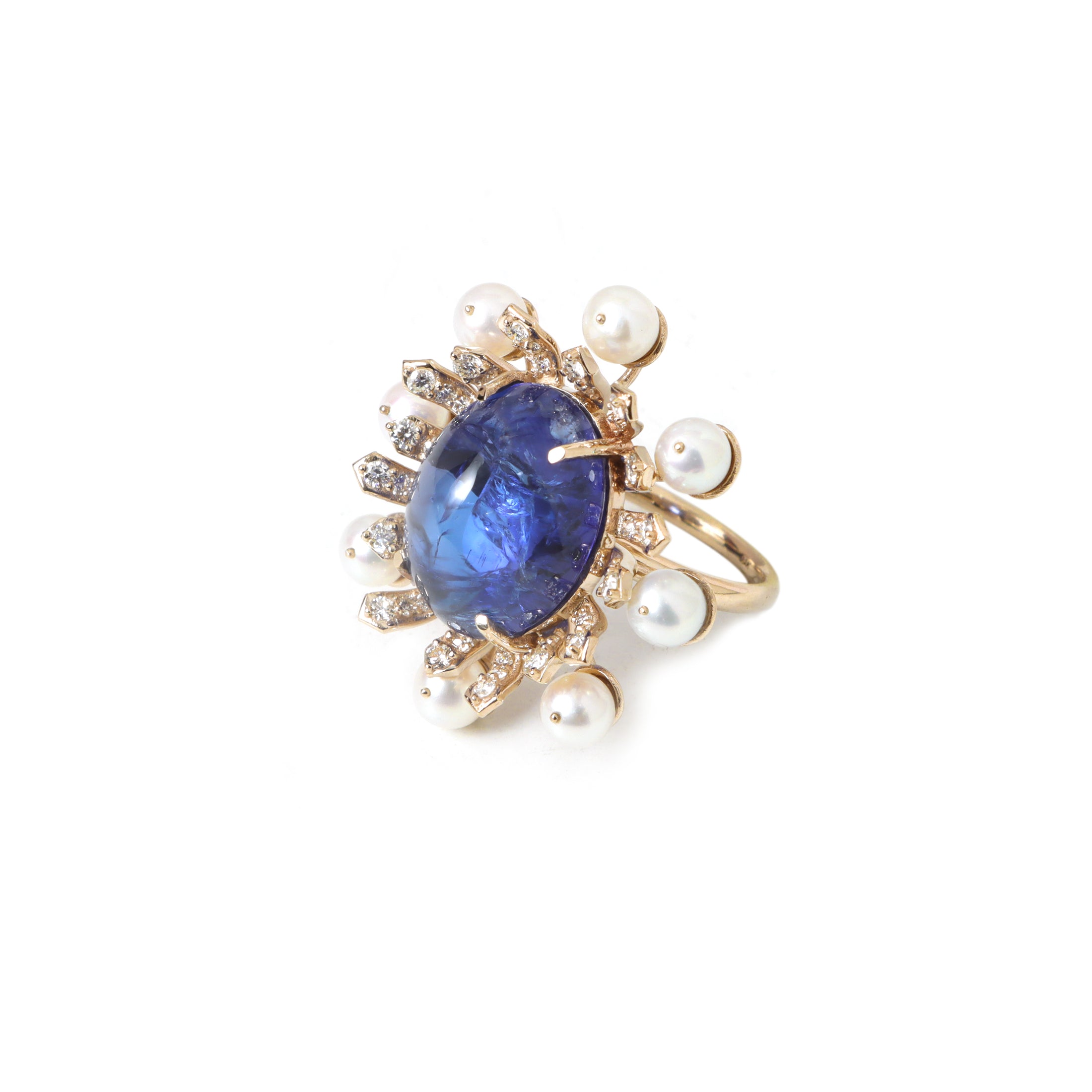 Natural Tanzanite and Pearl 18K gold ring front view - NFJSD-1908