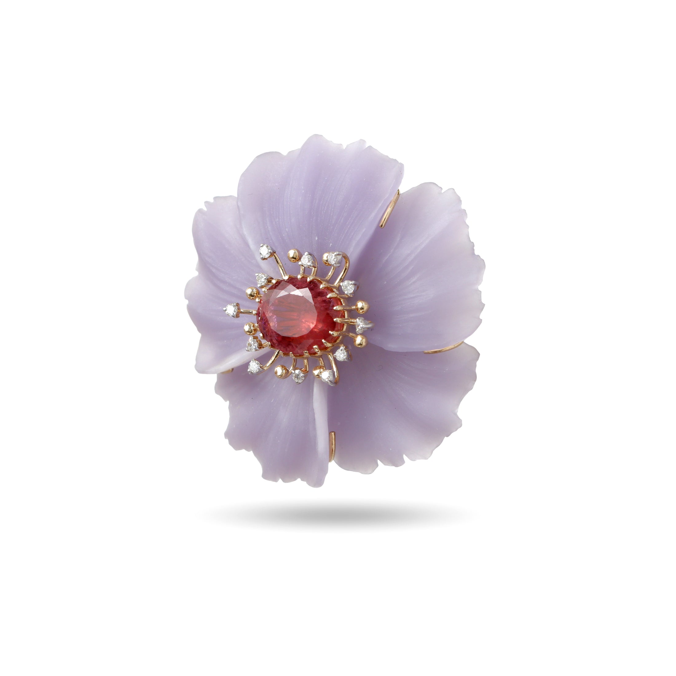 Natural Yttrium Fluorite Carving Flower and Pink Tourmaline 14K gold pendant / brooch close-up detail - NFJSD-1934