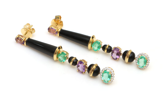 Natural Black Onyx smooth beads & Tube and Emerald Oval Cut 18K gold earrings front view - NFJSD-1394