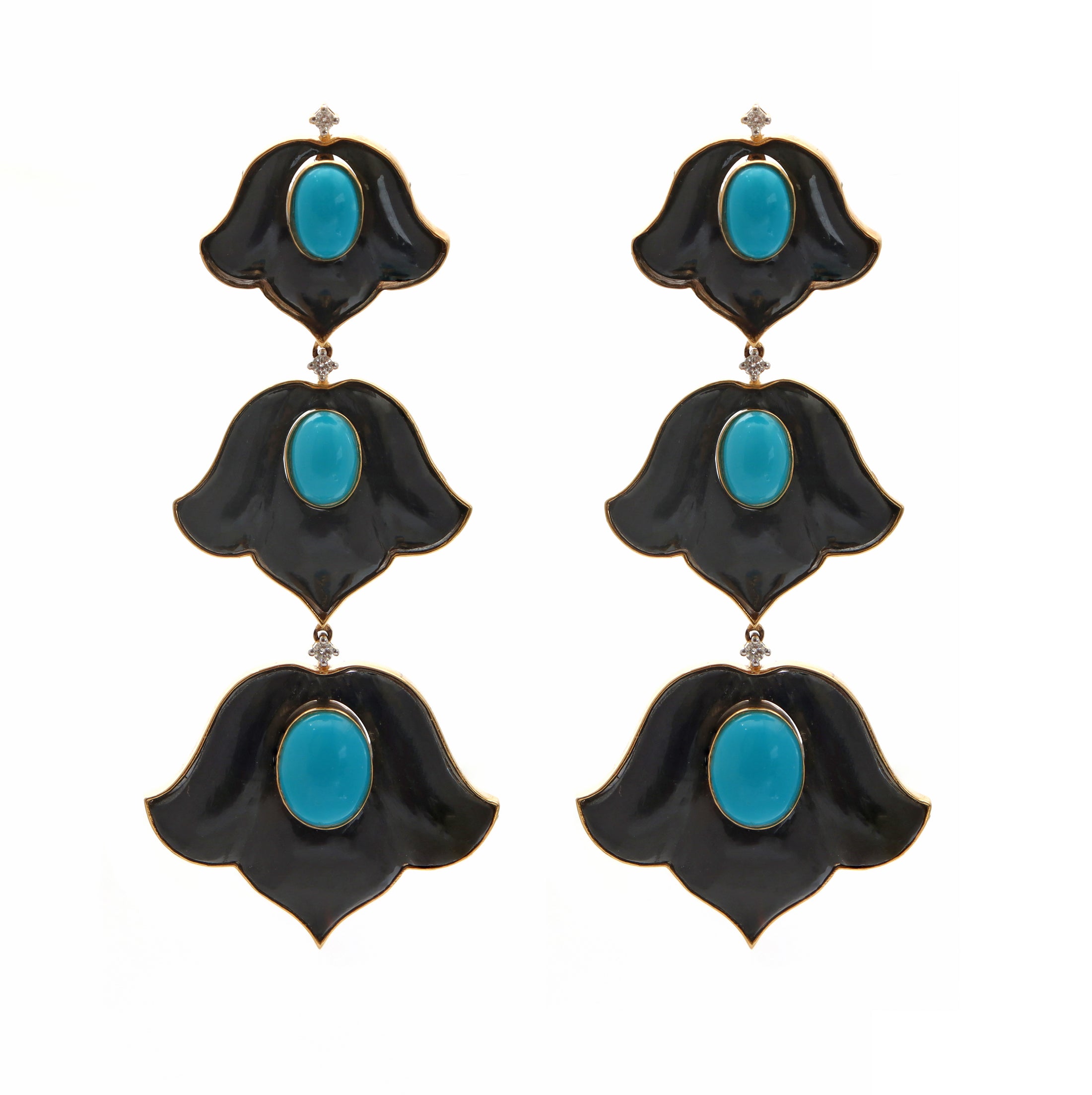Natural Black Onyx and Turquoise 18K gold earrings back view - NFJSD-1533